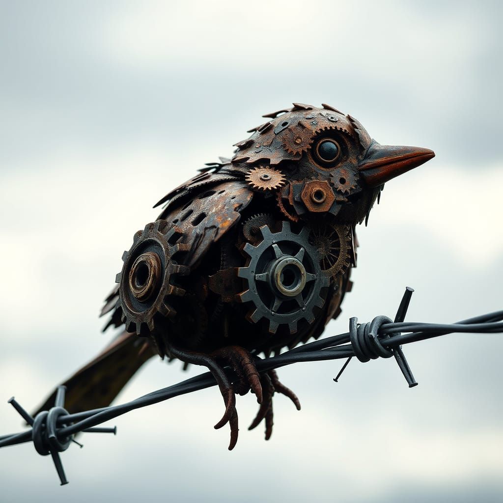 Rusty Metal Bird on Barbed Wire, Photorealistic Close-Up