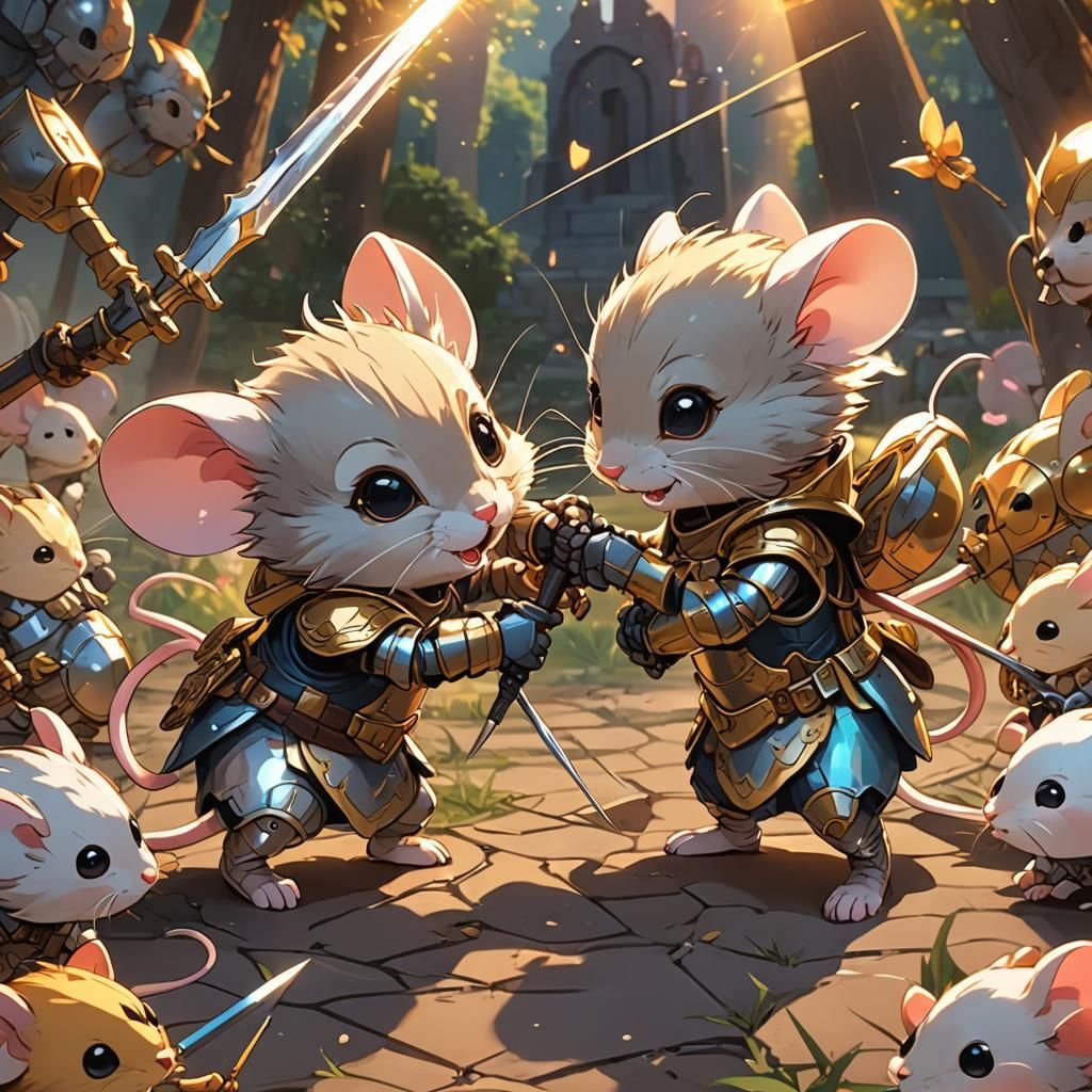 Anime Mice Warriors Duel with Needles at Sunset