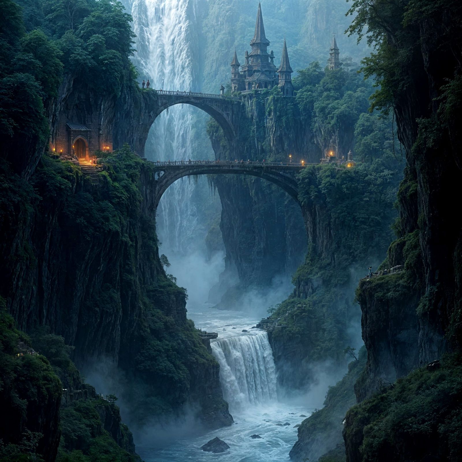 Hidden Feylorian City Behind Waterfall in Dark Fantasy Style
