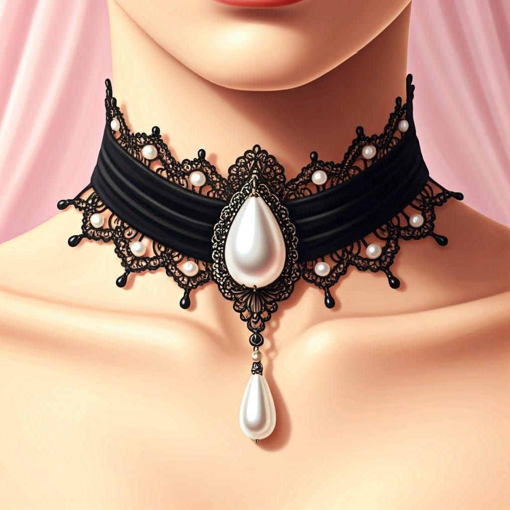 Ethereal Black Velvet Choker with Pearl Pendant