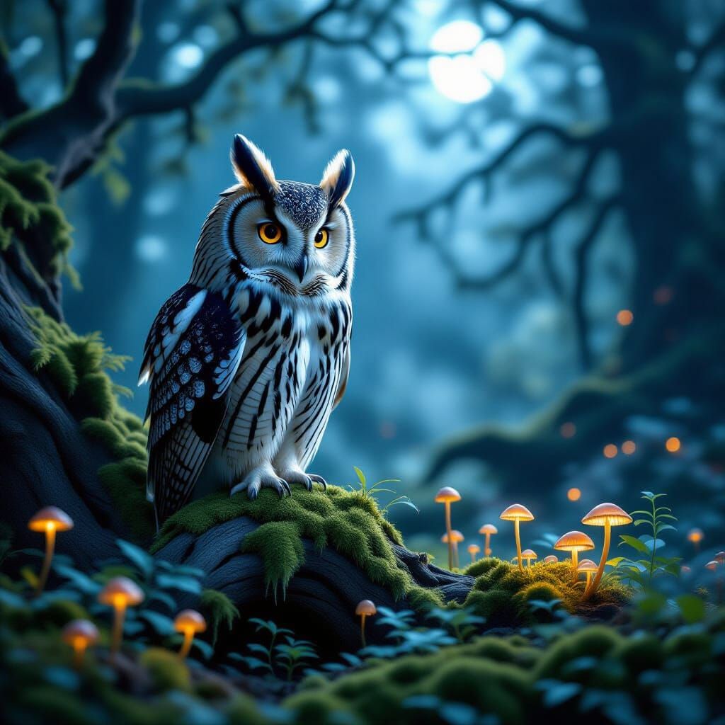 Majestic Owl in Ethereal Moonlight Forest