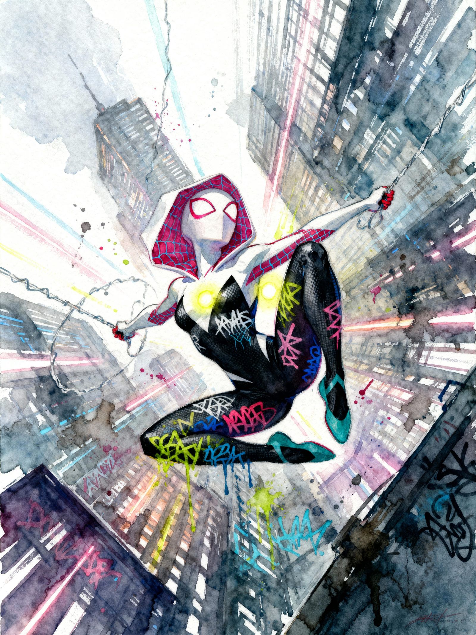 Spider-Girl Soars Through Futuristic Cityscape in Watercolor...