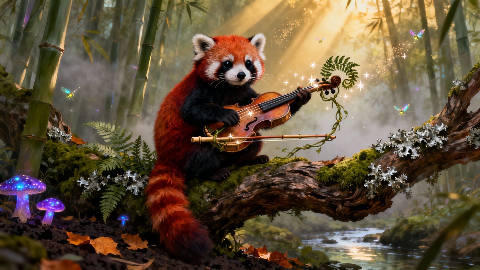 Wise Red Panda Plays Violin in Mystical Bamboo Forest