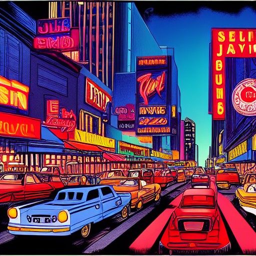 Neon City Traffic in Comic Book Style