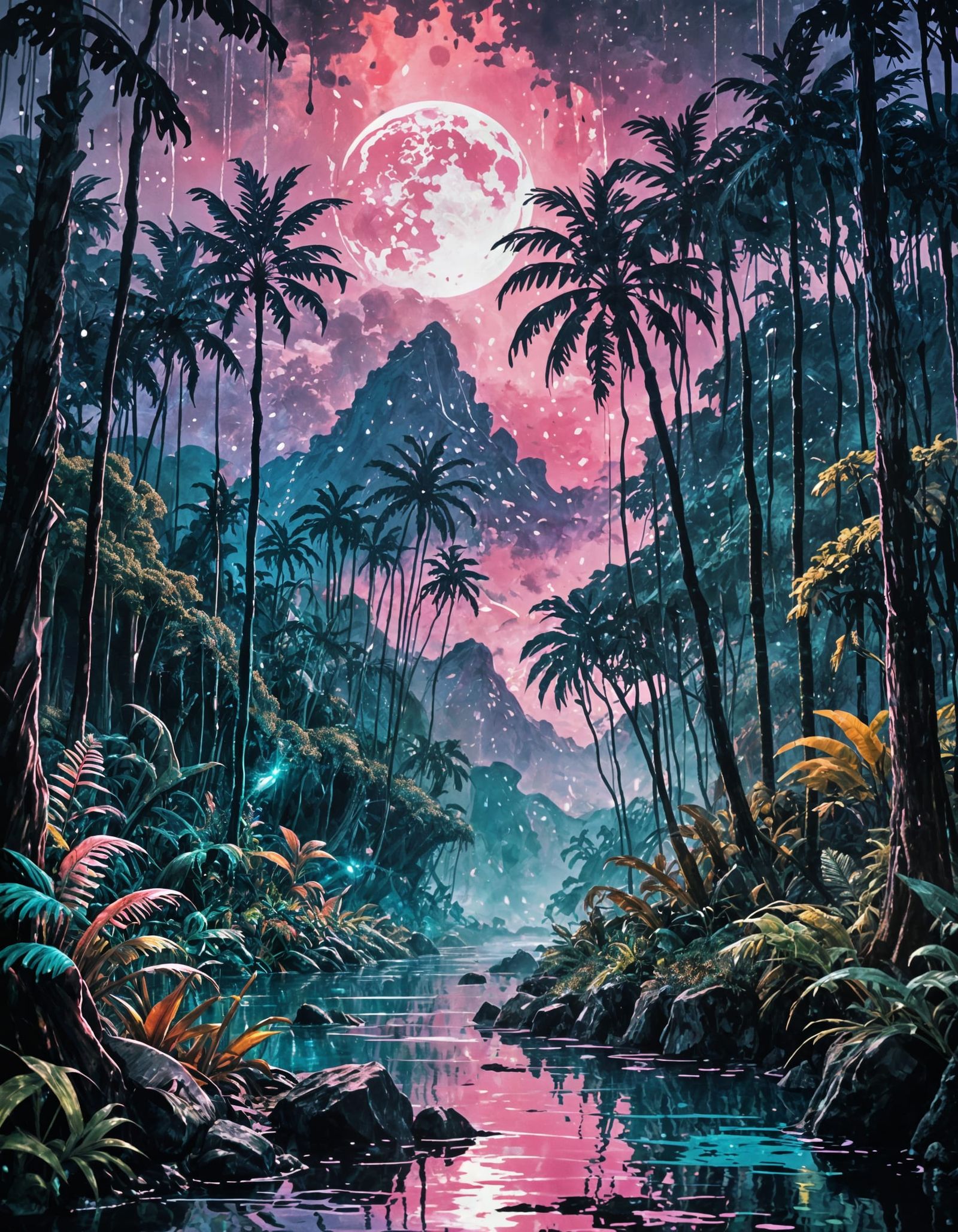 Vaporwave Rainforest at Sunset Under Blood Moon