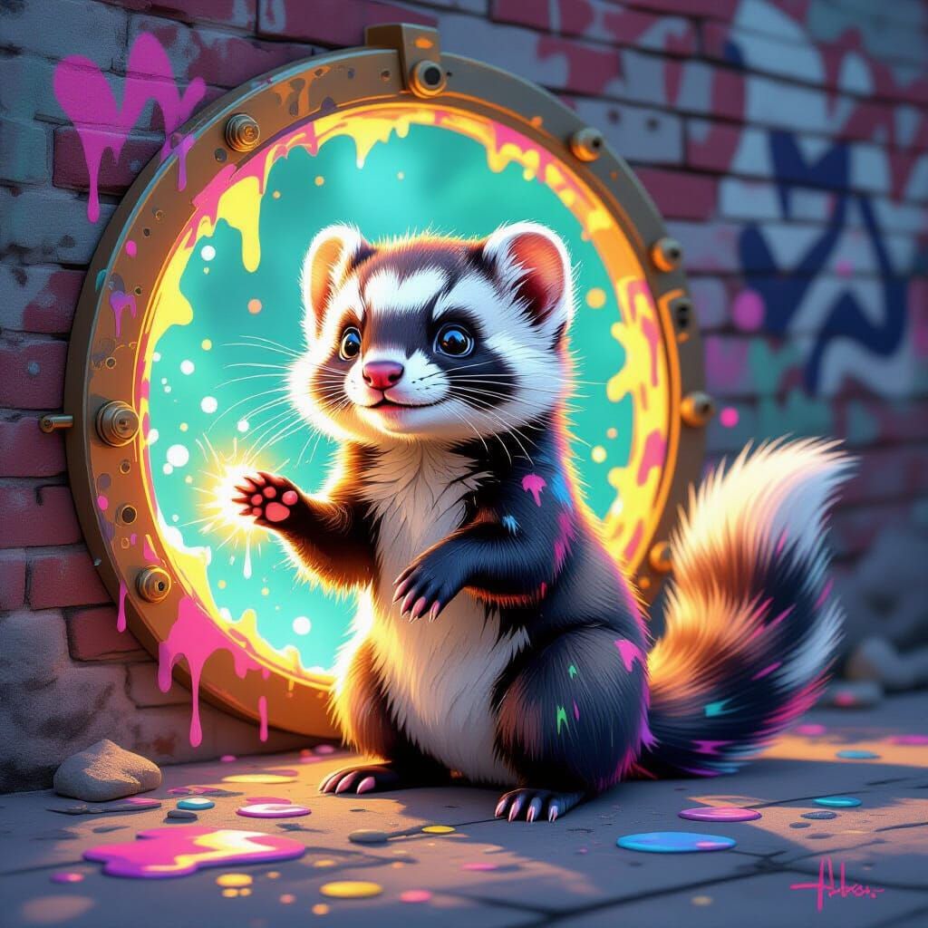 Whimsical Magical Ferret in Graffiti Art Style