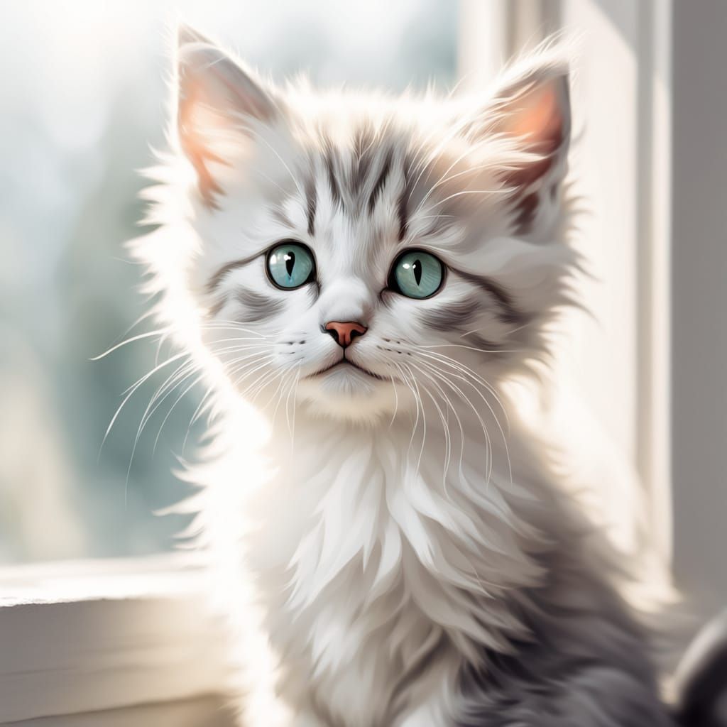 Whimsical Kitten on Windowsill in Soft Pastel Colors