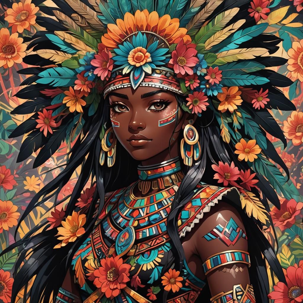 Aztec Girl with Obsidian Sword in Anime Manga Style