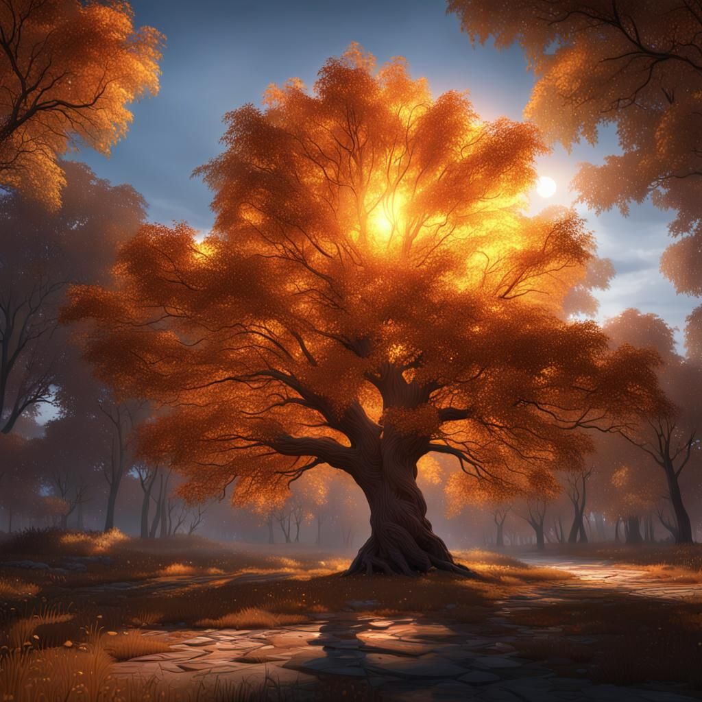 Amber Lit Alder Tree in Hyperrealistic 3D