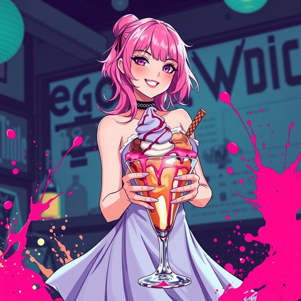 Pink-Haired Woman Crafts Ice Cream, Cel-Shaded Style