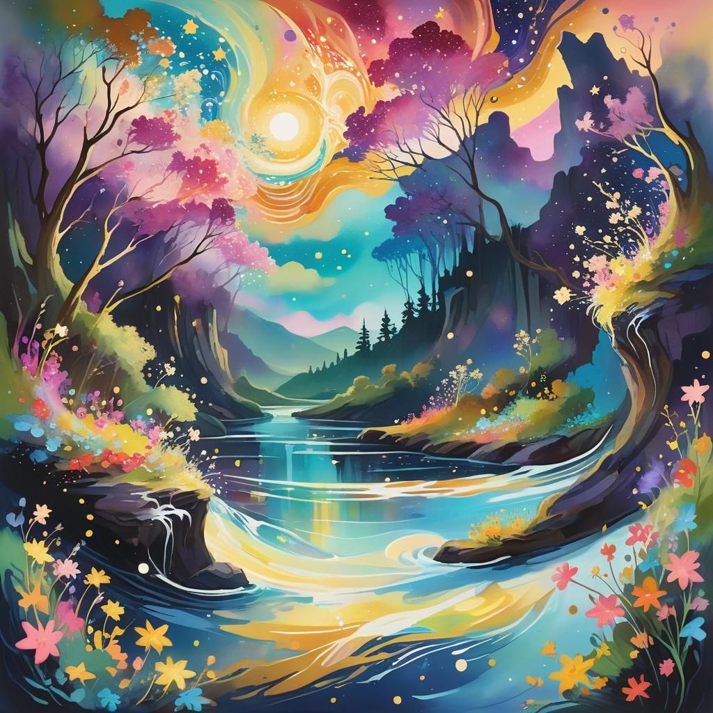 Dreamy Landscape Art with Swirling Stars and Flowers
