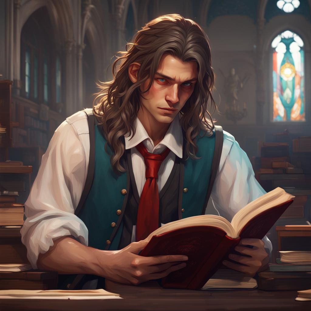 Gothic Student Reading a Book, Detailed Concept Art