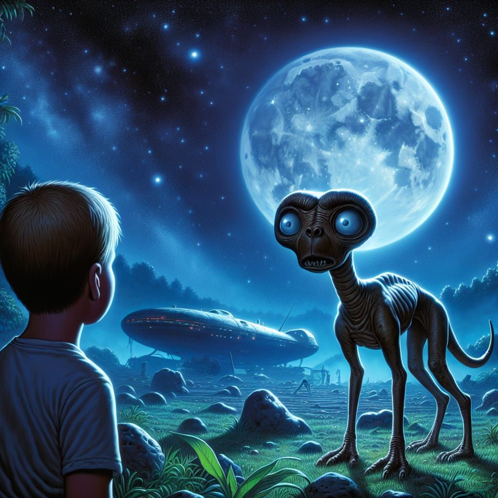 Moonlit Alien Encounter with Boy and Spaceship