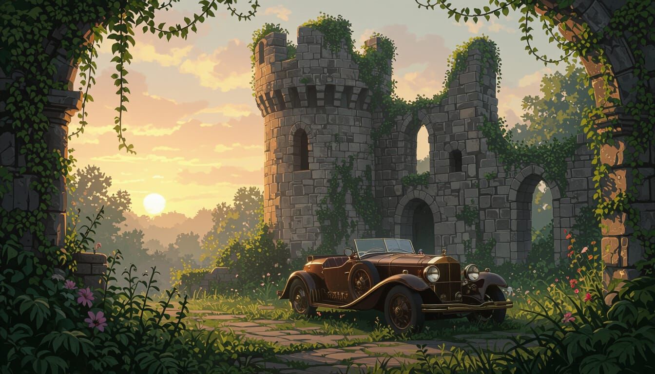 Overgrown Castle Ruin at Sunset with Steampunk Car