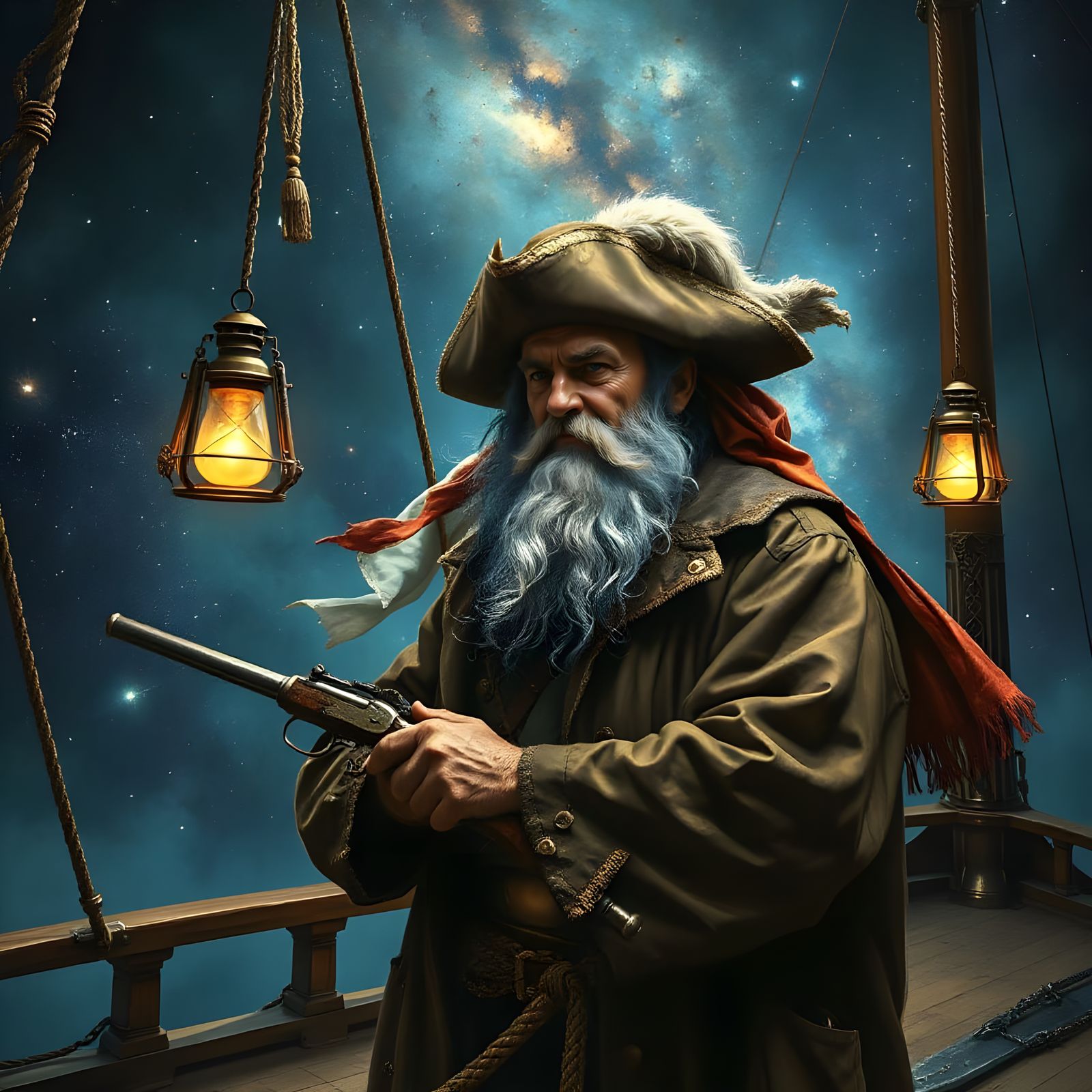 Space Pirate Captain with Blue Beard in Starry Nebula