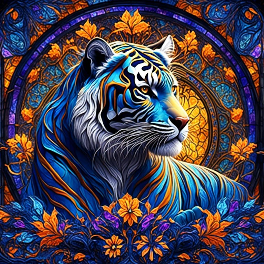 Blue Fractal Tiger Pouncing in Fantasy Wilds