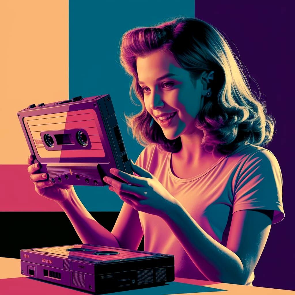 Teenage Girl Admires Retro Cassette Player in Vibrant Hues
