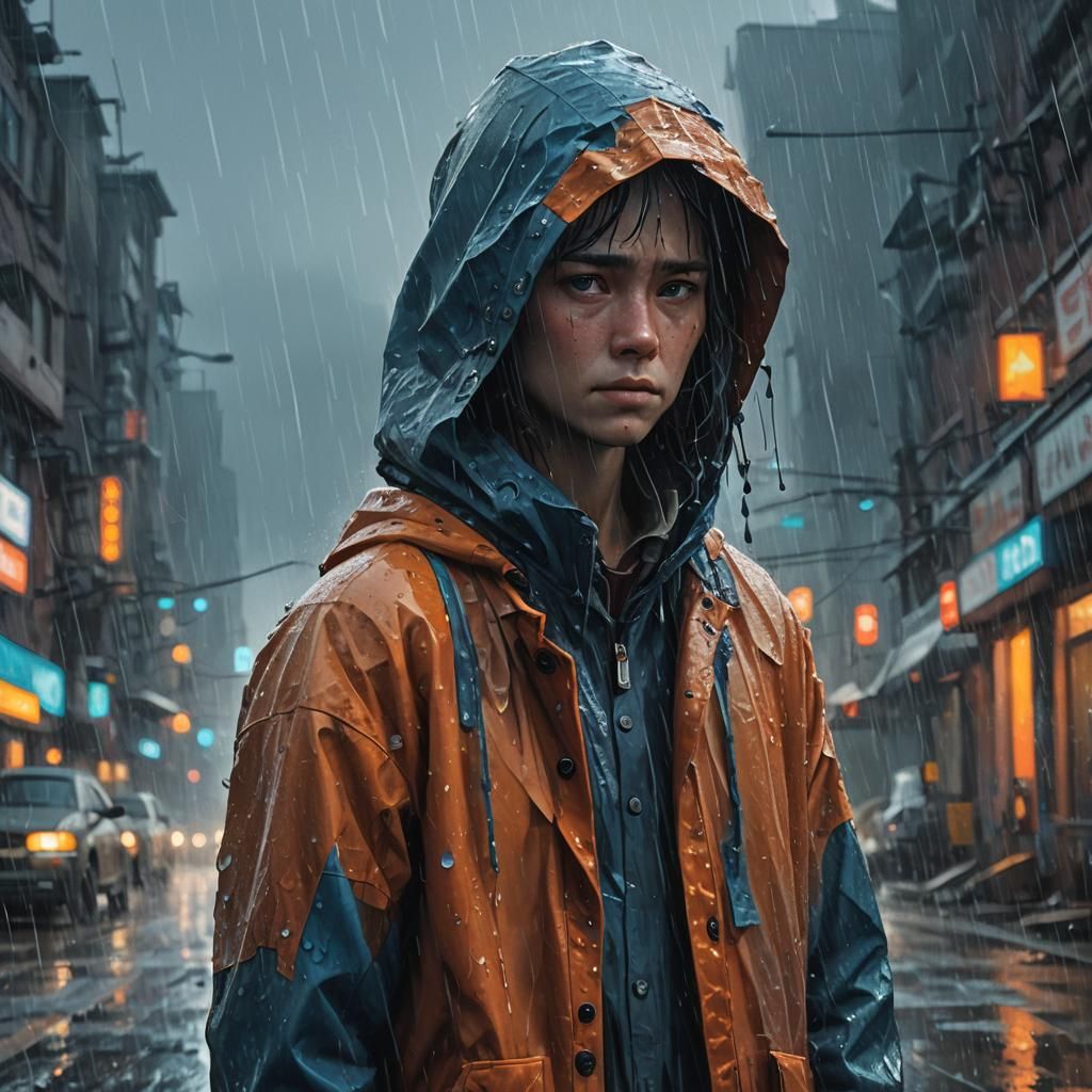 Determined Person in Rain: Fantasy Realism Art