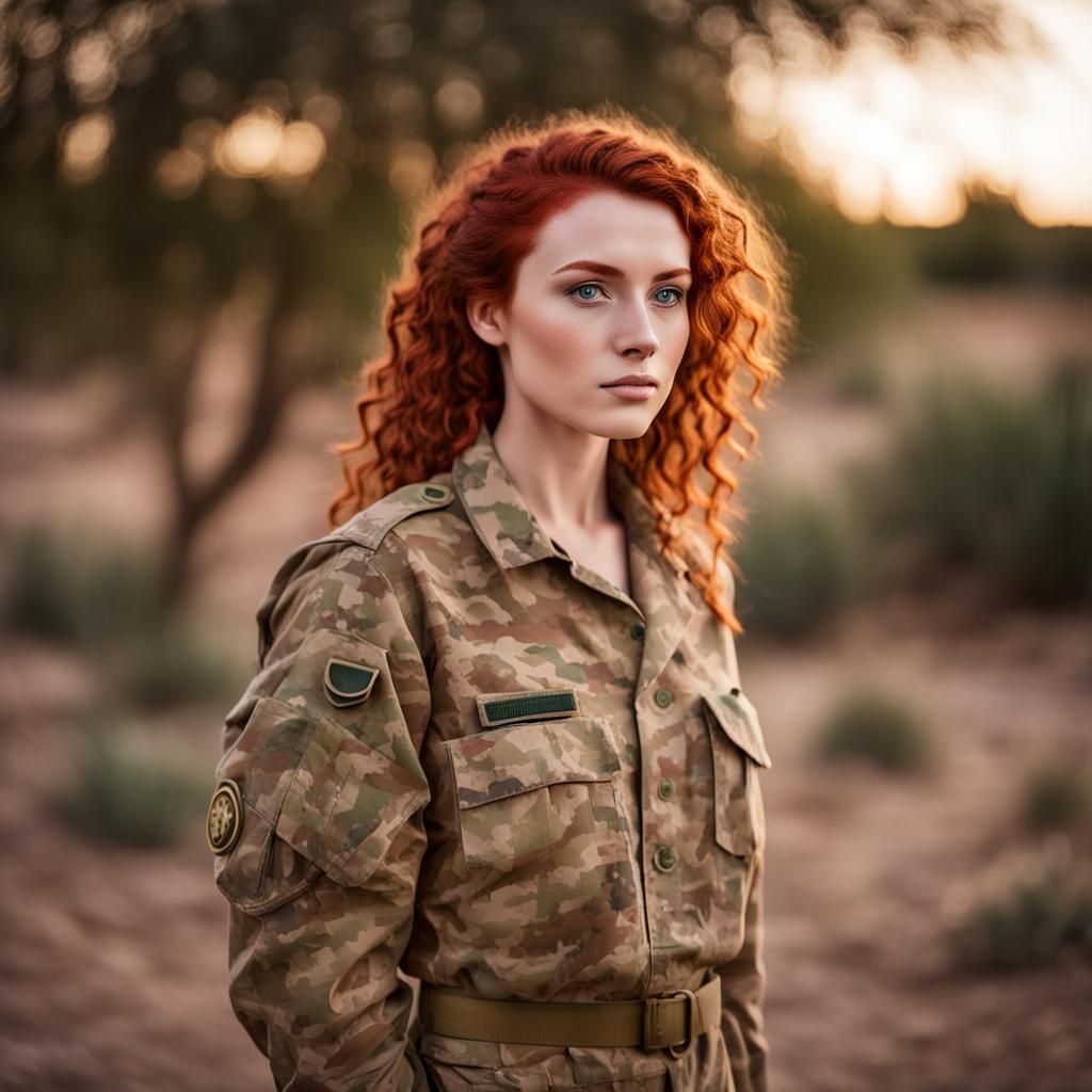 Red-Haired Woman in Desert Camouflage at Oasis