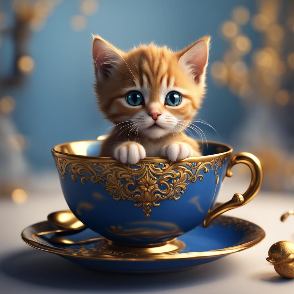 Kitten in Teacup: Detailed Fantasy Concept Art