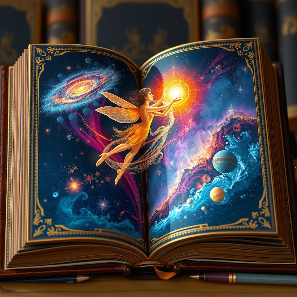 Ethereal Fairy Soaring Through Galaxies in Open Book