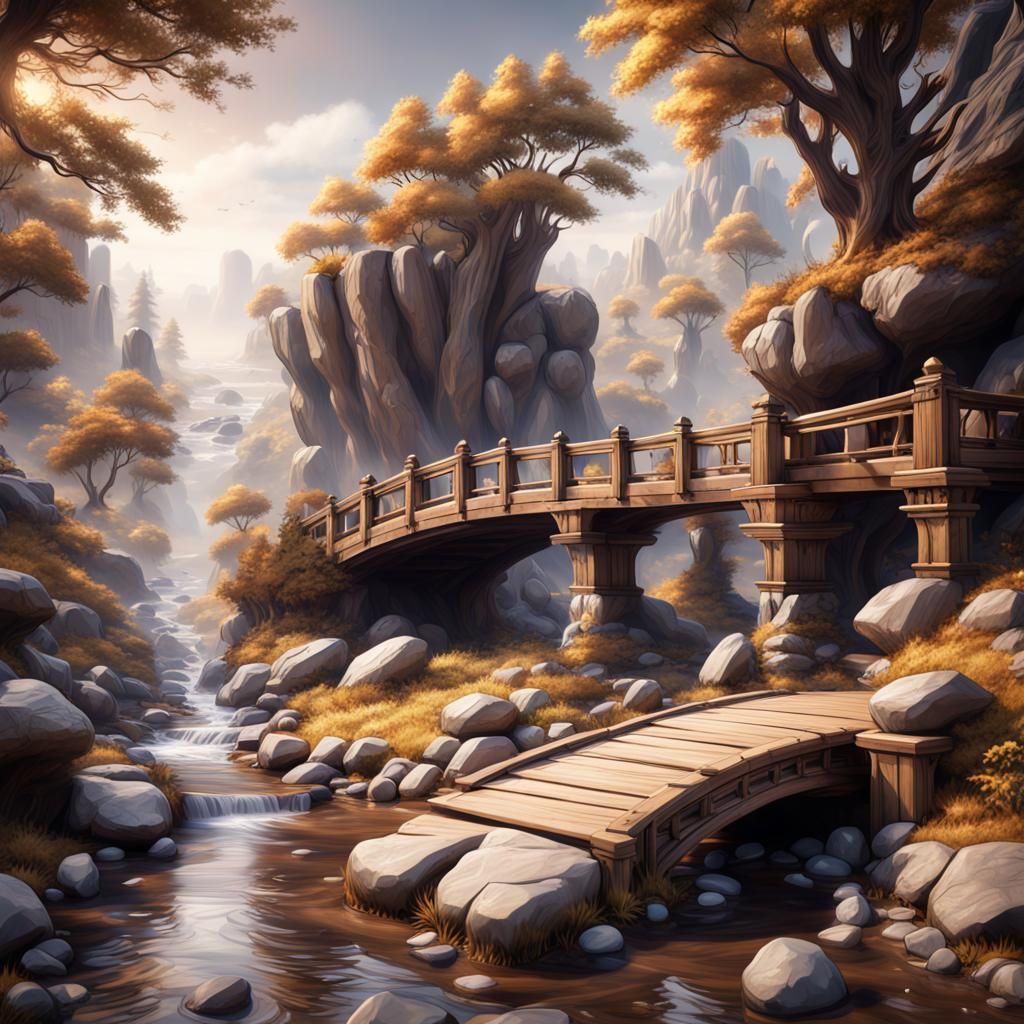 Mystical Bridge Over Creek in Fantasy Landscape