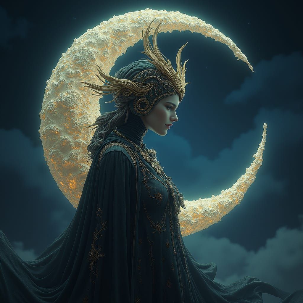 Moon Goddess with Crescent Number in Art Nouveau Style