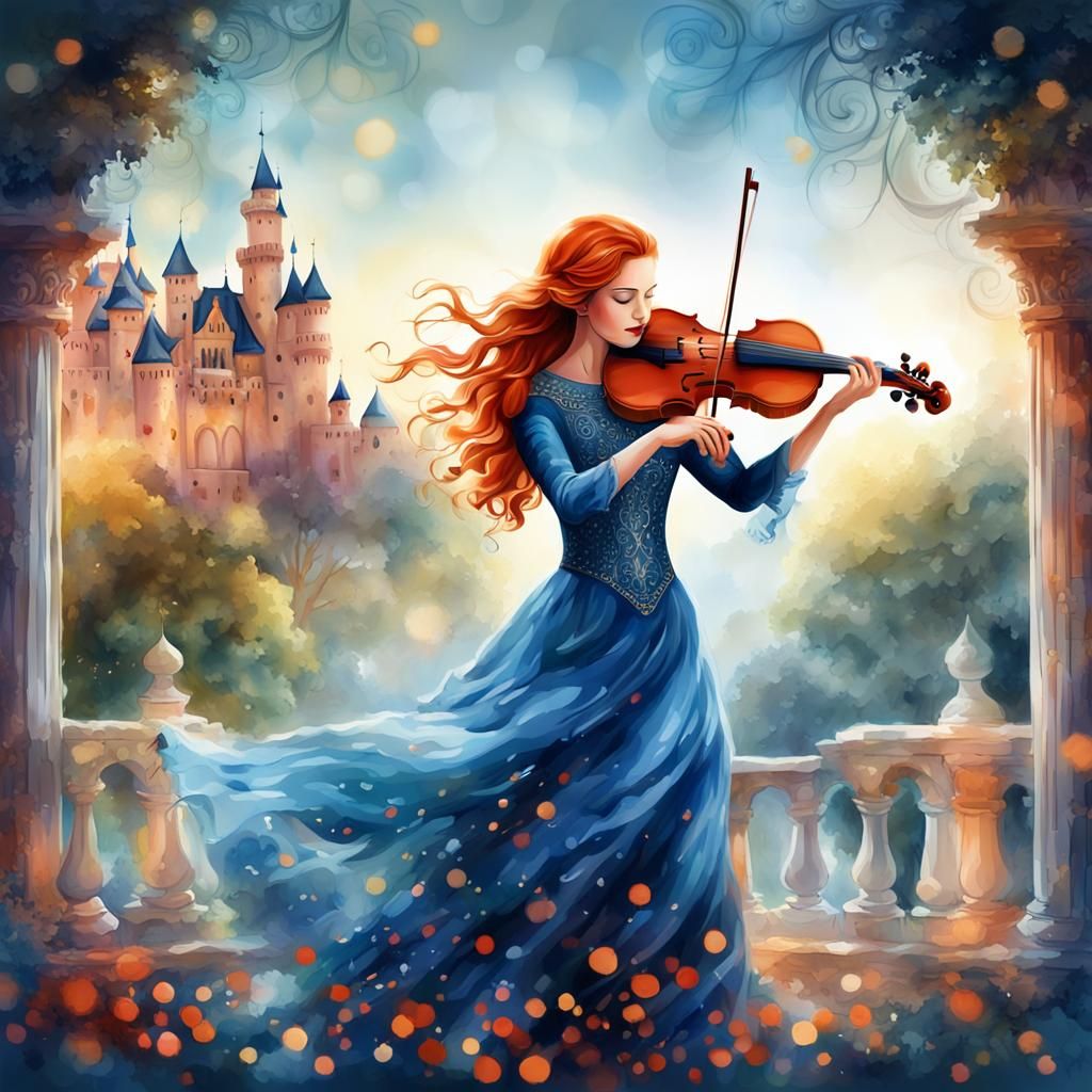 Red Haired Girl Playing Violin in Vector Art Style