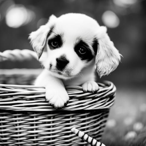 Adorable Puppy in Basket, Black and White Photography
