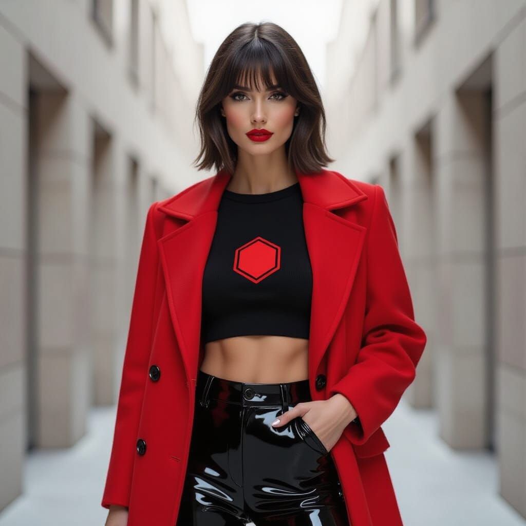 Futuristic Fashion Portrait of Woman in Red Coat