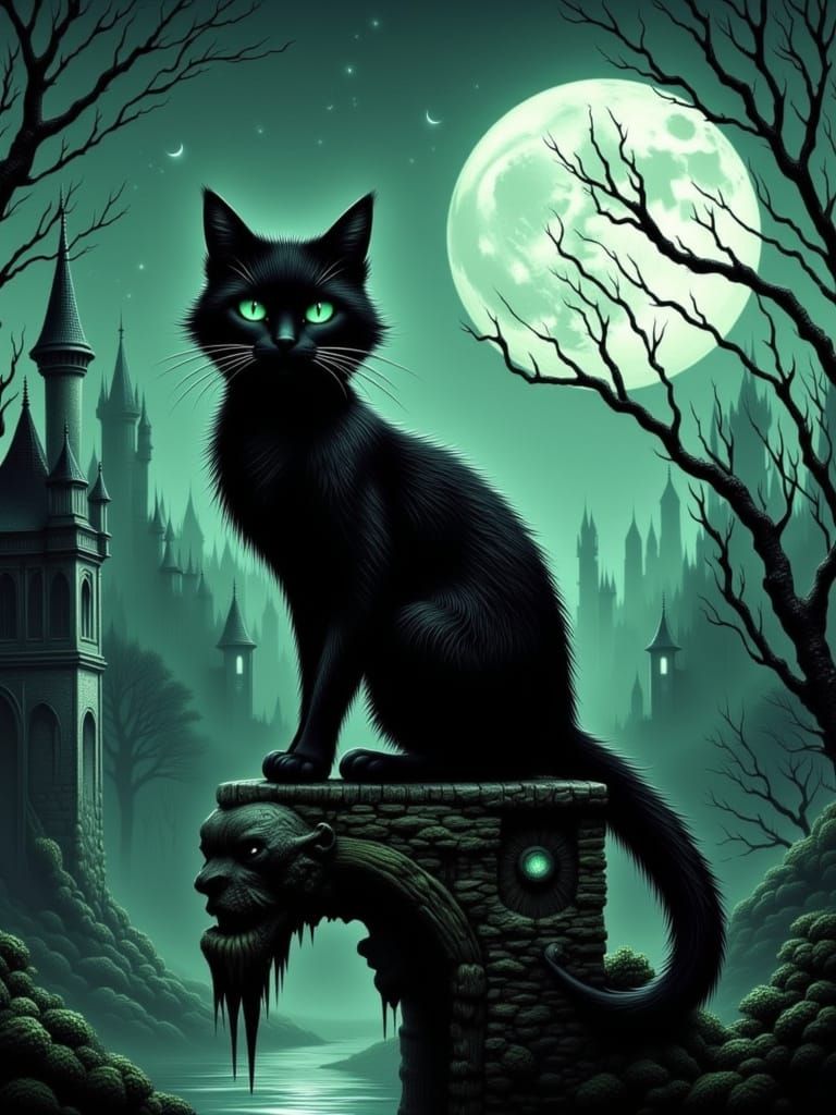 Gothic Black Cat on Gargoyle, Dark Fantasy Art