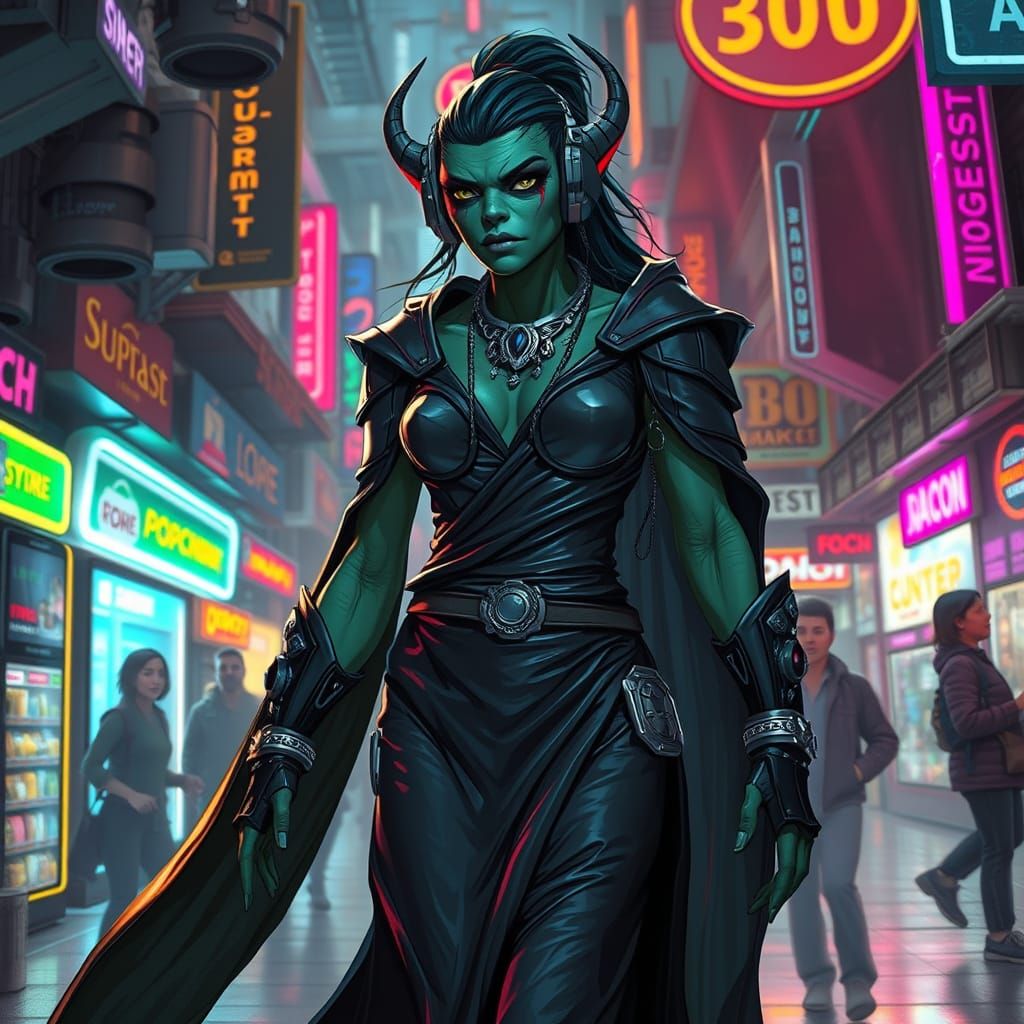 Orc Warrior in Cyberpunk Marketplace
