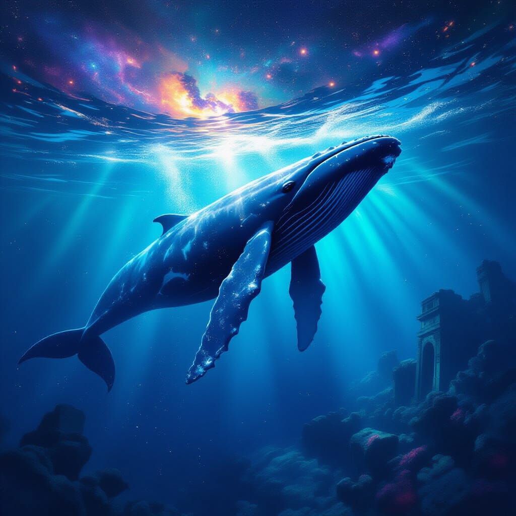 Cosmic Whale Breaching Starlit Ocean in Nebulae Style