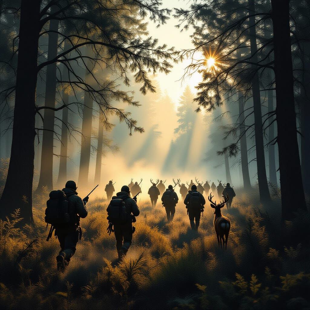 Adventurous Hunters Track Deer in Sun-Dappled Forest