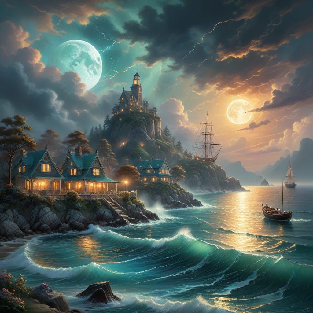 Ethereal Evening Bay Transformed by a Glowing Moonlit Storm