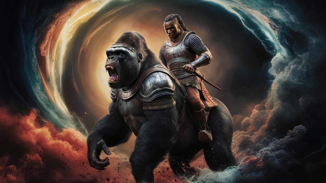 Armored African Warrior on Raging Gorilla, Digital Art