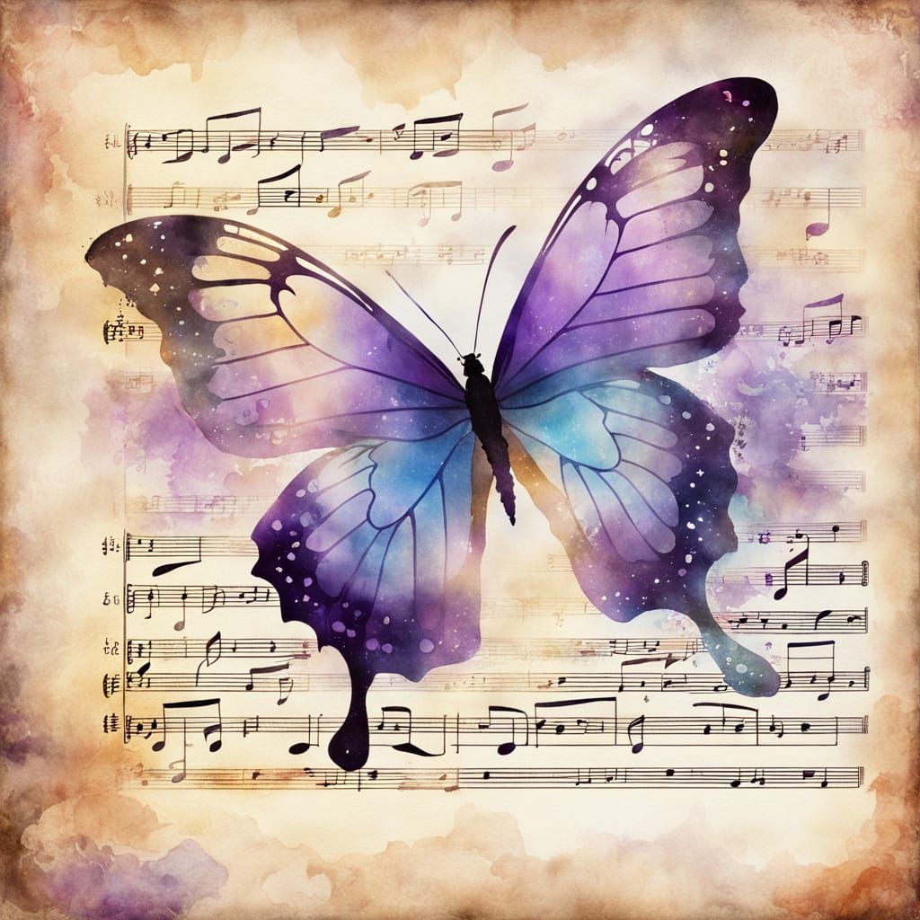 Faded Musical Sheet With Purple Butterfly in Watercolor Styl...