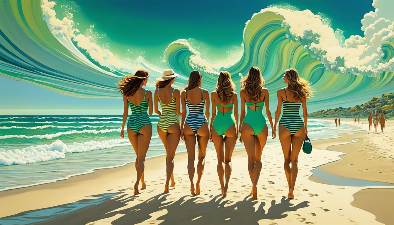 Women Strolling on Beach in Neo-Impressionist Style
