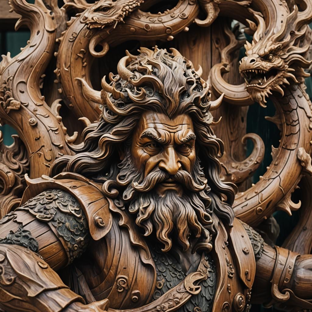 Wooden Statue of Poseidon in Professional Photography Style
