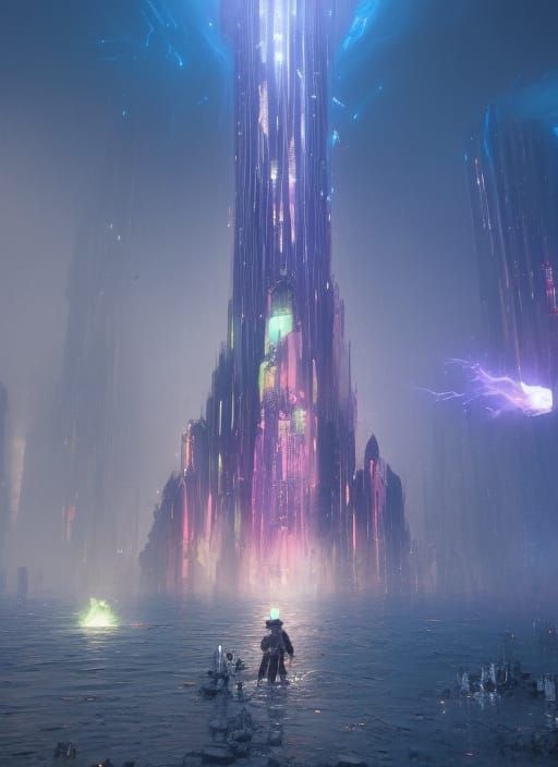 Luminescent Crystal Tower Flood: Hyperdetailed Masterpiece
