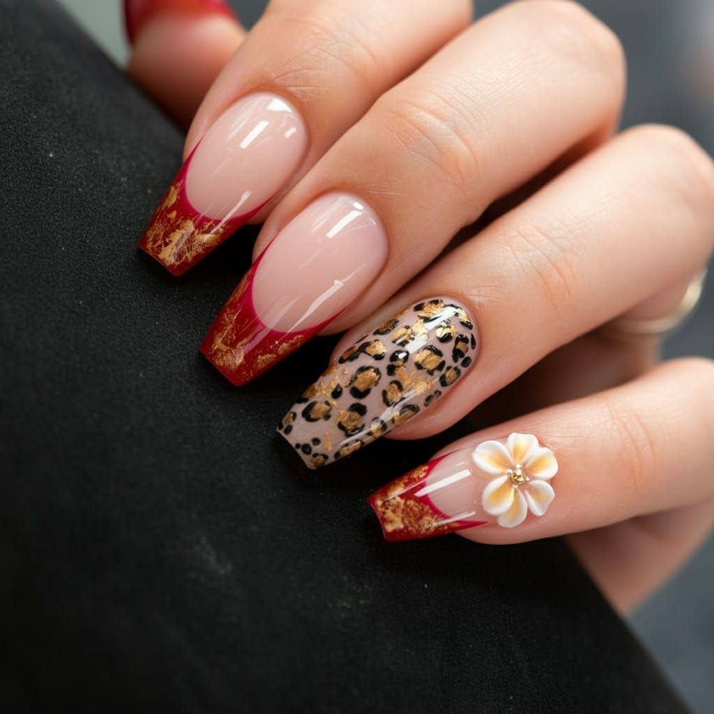 Red Abstract Nail Art with Gold and 3D Flower