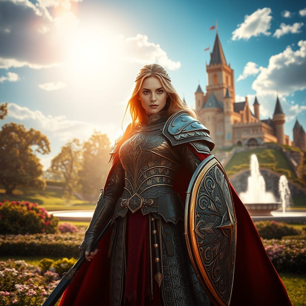 Noble Warrior Woman at Majestic Castle in Photorealistic Sty...
