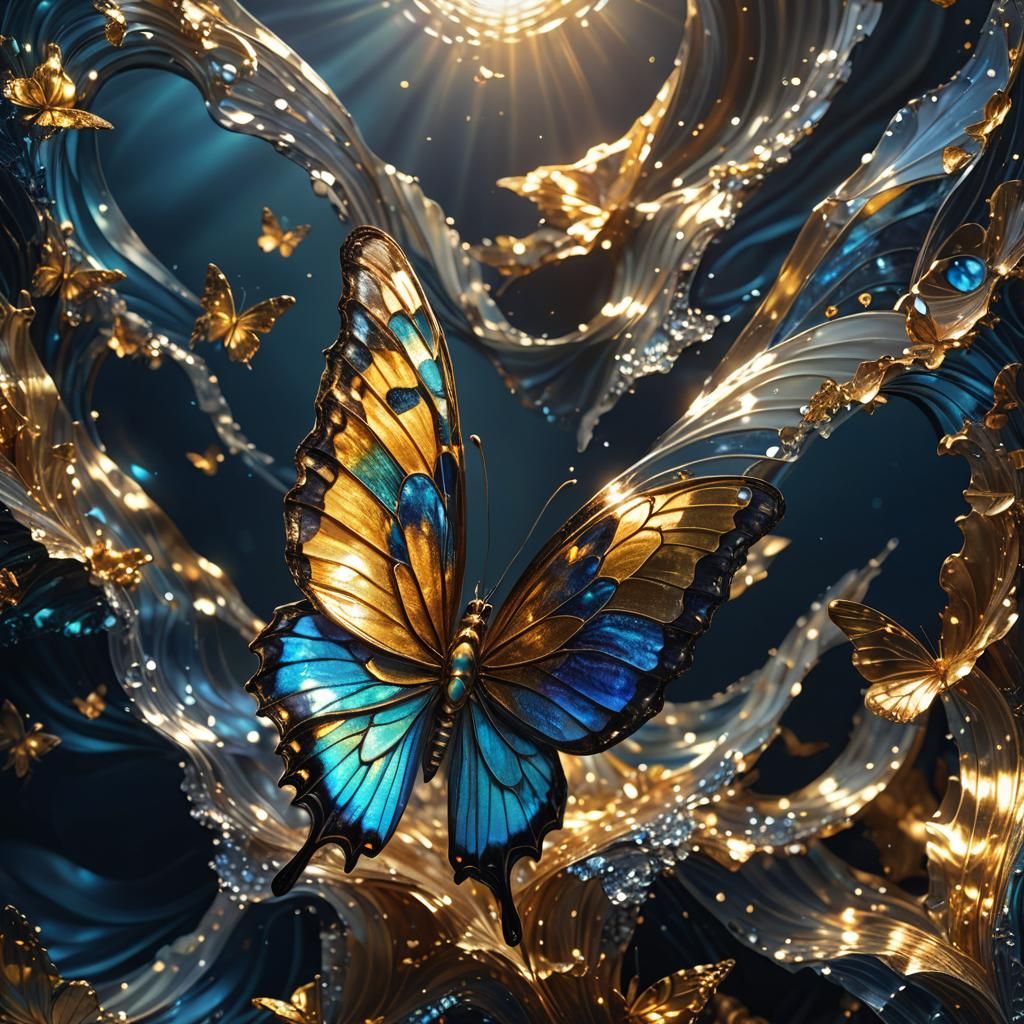 Iridescent Butterfly Wings Reflecting Sunlit Sea: Digital Ar...