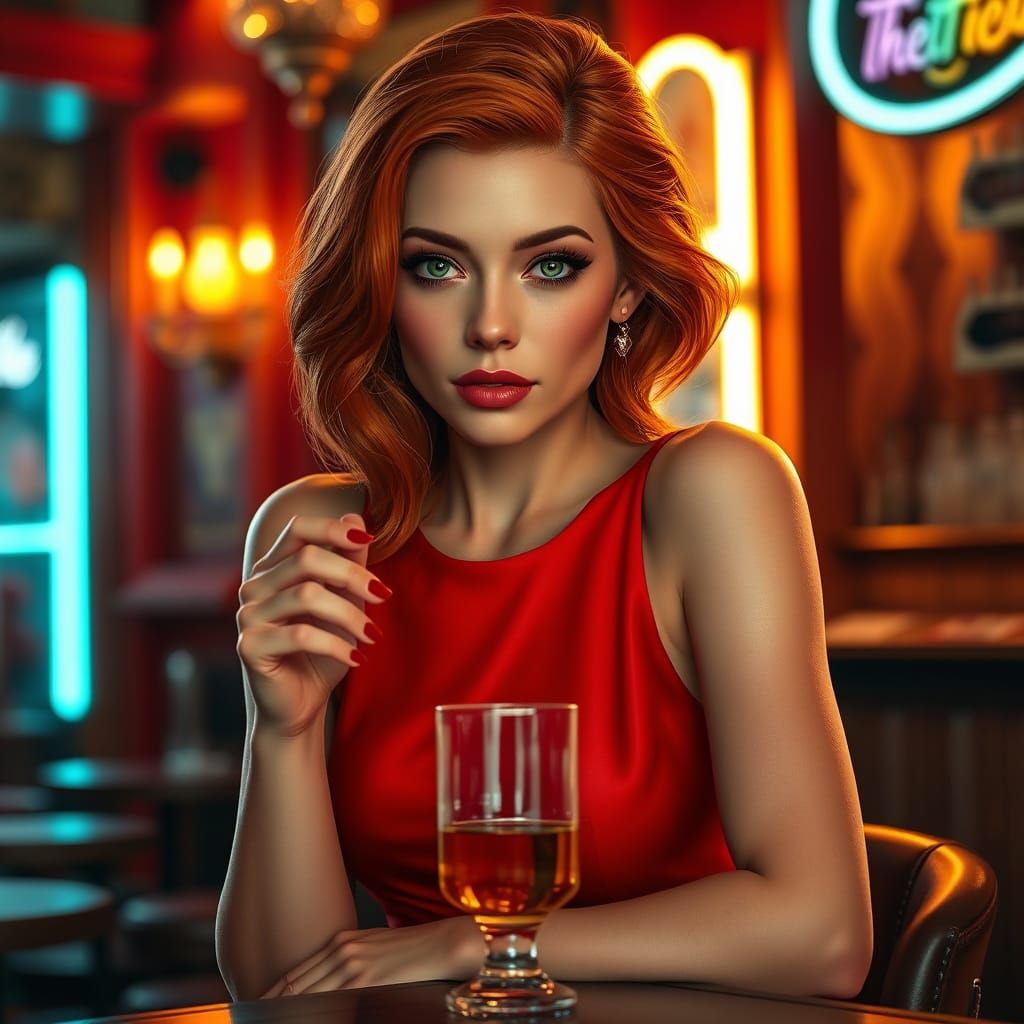Ginger-Haired Woman in Bar Scene, in Hyperrealistic Style