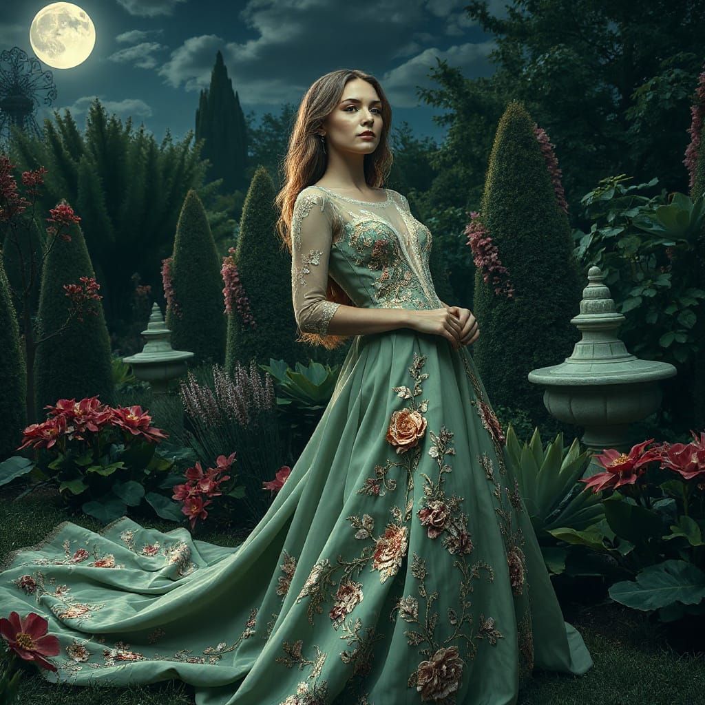 Woman in Green Gown in Moonlit Garden