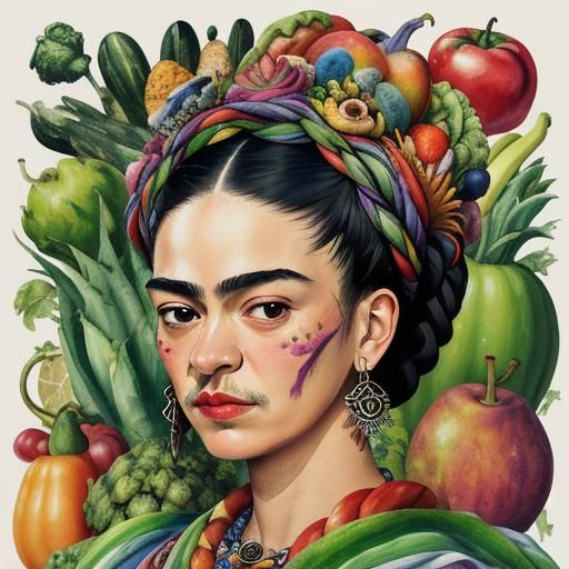 Frida Kahlo Skull Still Life in Gouache Style