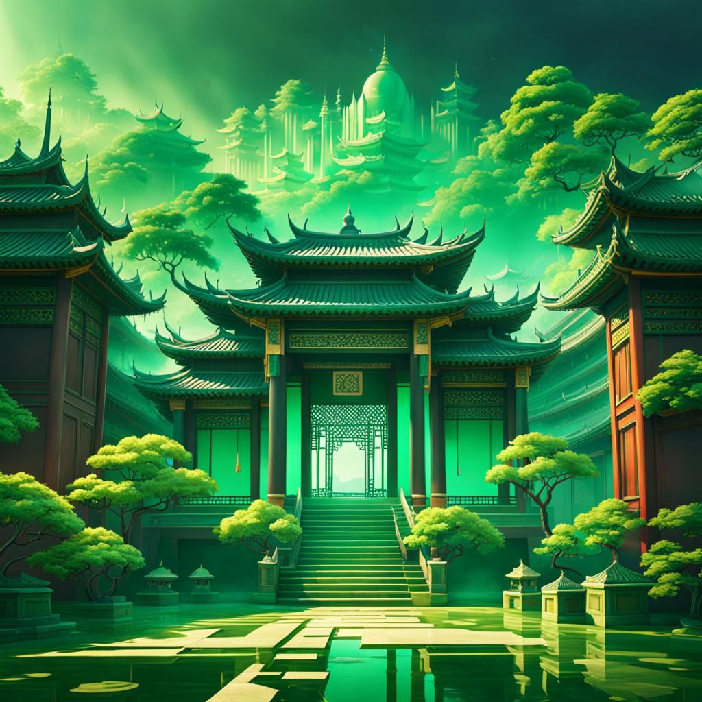 Jade Green Asian Palace Courtyard: Detailed Matte Painting