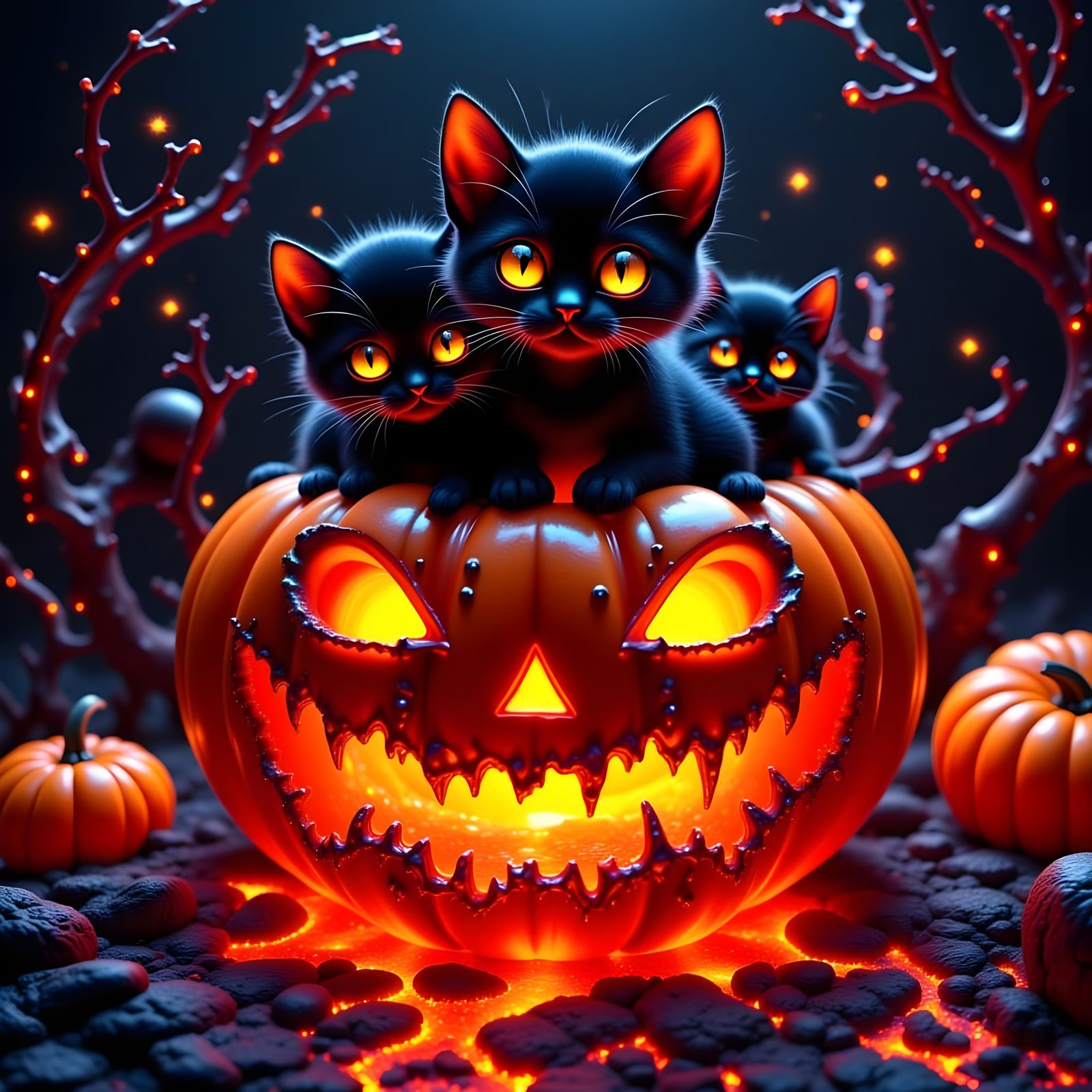 Adorable Black Kittens On Halloween Pumpkin With Glowing Eye...