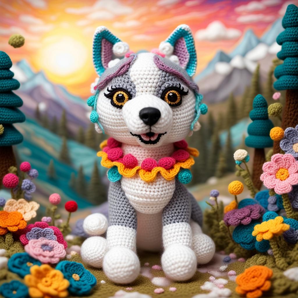 Crocheted Husky Doll in a Fairy Forest
