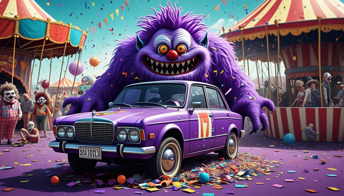 Purple Monster's Chaotic Clown Car Mishap at Surreal Resort